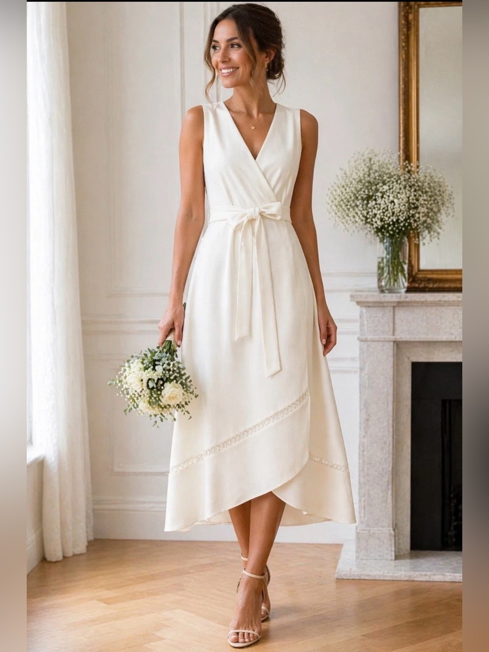 Gorgeous DKNY Ivory Midi Dress Faux Wrap Bridal Shower Rehearsal Wedding Sz: 14